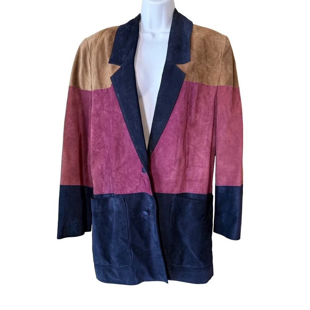 VTG Colorblock Suede‎ Leather Blazer Jacket Women M Burgundy Tan Navy 80's Artsy
